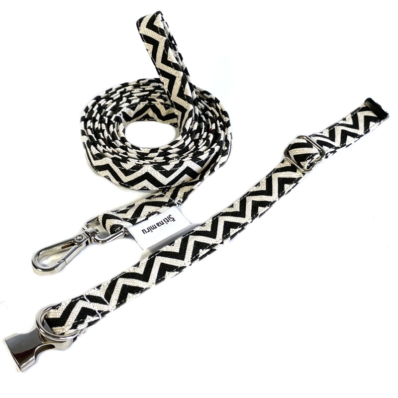 Luxusní set obojek a vodítko smetanovočerný (šířka 1,5 cm)