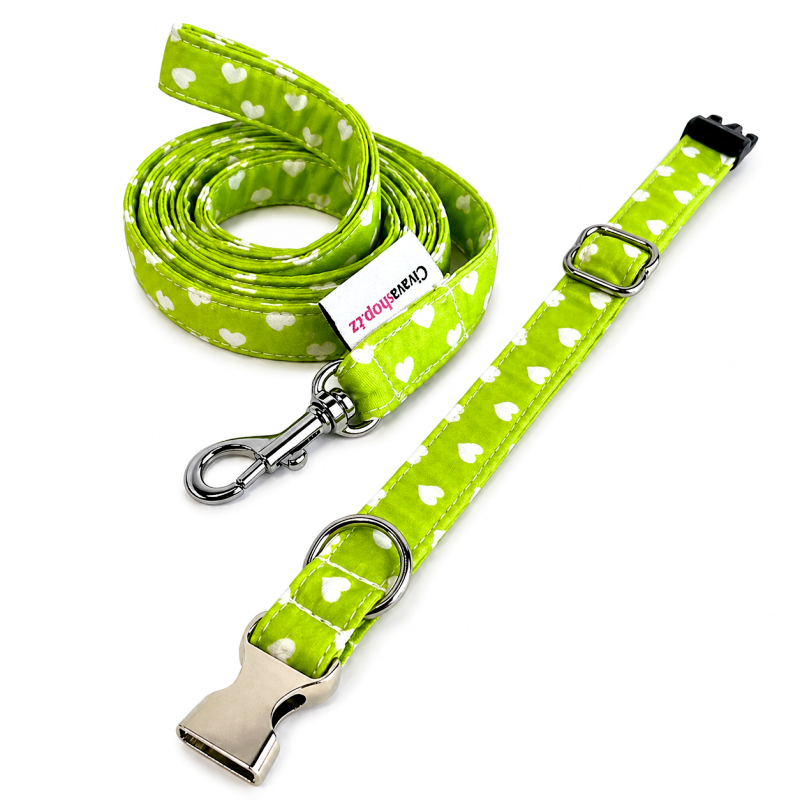 Luxusní set obojek a vodítko limetkový se srdíčkem (šířka 1,5 cm)