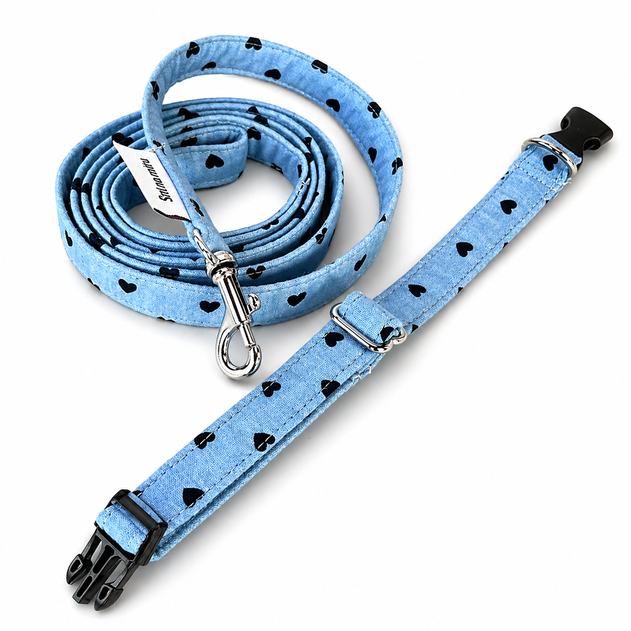 Luxusní set obojek a vodítko jeans se srdíčkem (šířka 1,5 cm)