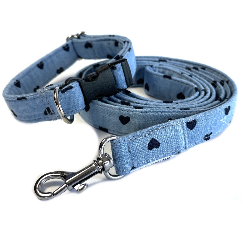 Luxusní set obojek a vodítko jeans se srdíčkem (šířka 1,5 cm)