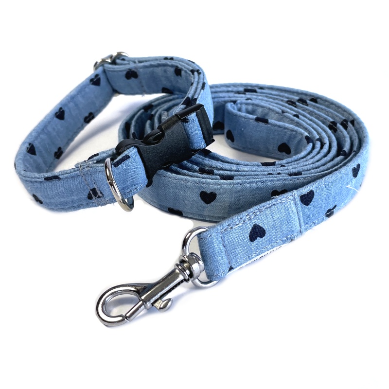 Luxusní set obojek a vodítko jeans se srdíčkem (šířka 1,5 cm)