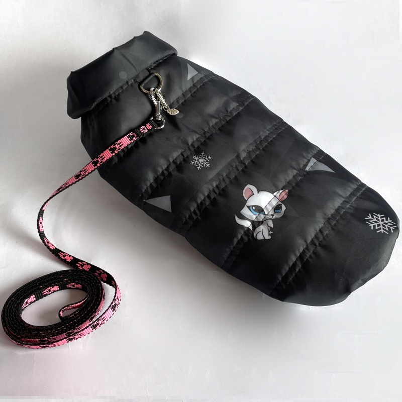 Ultralehká celoroční vesta pro psa – černá potisk kočky