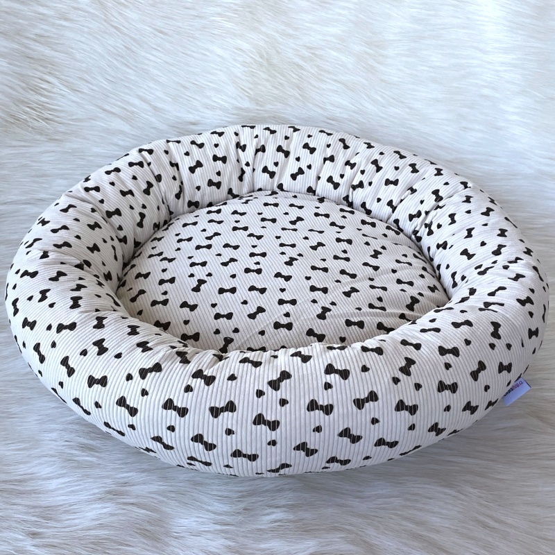 Kulatý manšestrový pelíšek čivavashop Dana, béžový mašličky50cm