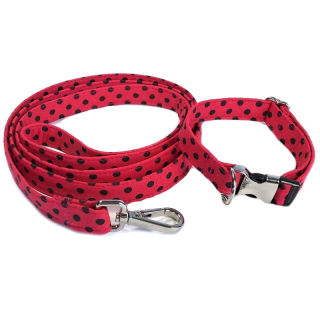 Luxusní set obojek a vodítko červený s černým puntíkem (šířka 1,5 cm)