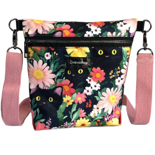 🤍 Elegantní crossbody kabelka – kočky na kvítkách