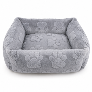 Kožešinový pelíšek šedý s tlapkami – pohodlí, které vydrží – sundavací potahy, 50x40 cm