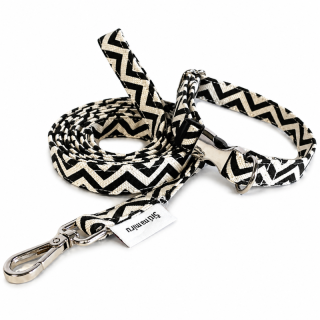 Luxusní set obojek a vodítko smetanovočerný (šířka 1,5 cm)