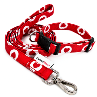 Luxusní set obojek a vodítko červené se srdcem (šířka 1,5 cm)
