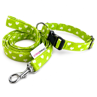 Luxusní set obojek a vodítko limetkový se srdíčkem (šířka 1,5 cm)