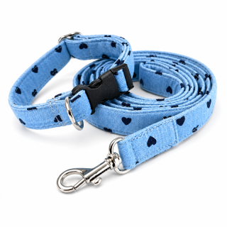 Luxusní set obojek a vodítko jeans se srdíčkem (šířka 1,5 cm)