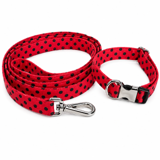 Luxusní set obojek a vodítko červený s černým puntíkem (šířka 1,5 cm)