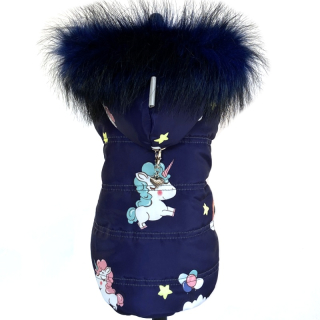 Luxusní zimní obleček pro psa jednorožec tm. modrá